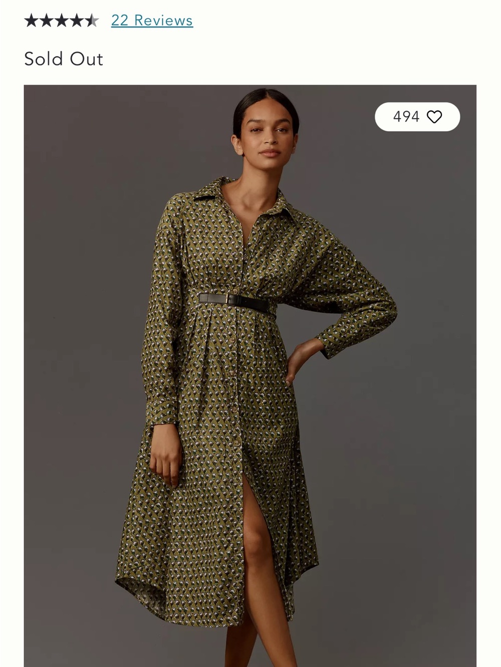 Anthropologie Olive Printed Long-Sleeve Shirt Dress with Belt